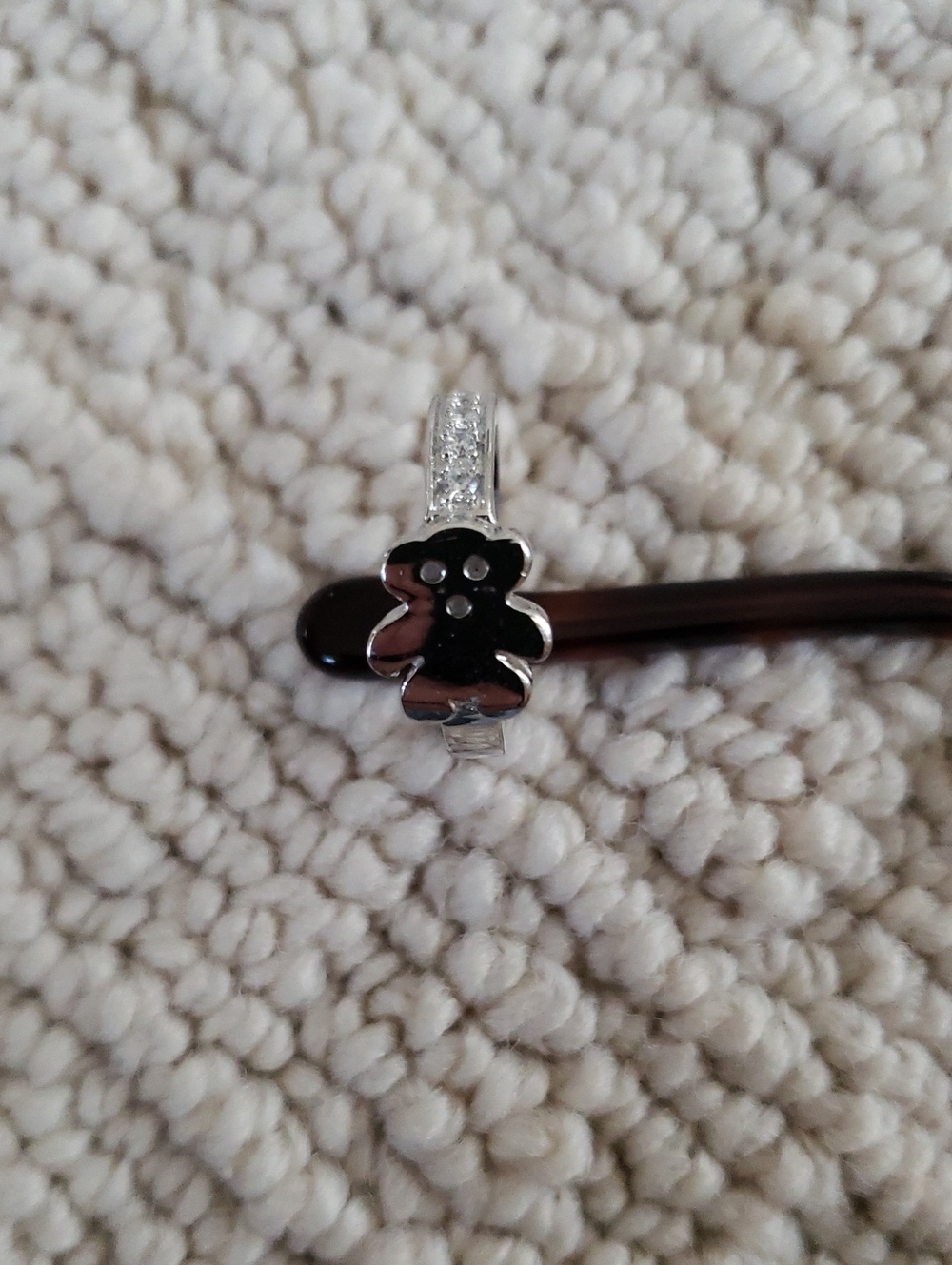 Kids Black Teddy Bear Charm Ring - Silver Tone